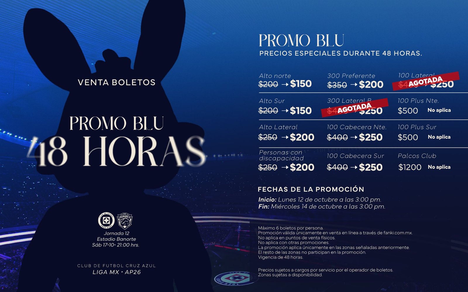 Cartel oficial de la Promo Blu de Cruz Azul con los precios de los boletos para el partido ante FC Juárez en el Estadio Banorte.