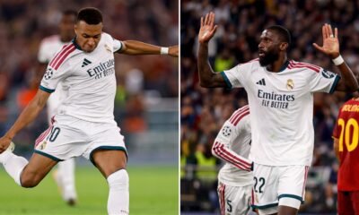 Kylian Mbappé, a la izquierda, y Antonio Rüdiger, a la derecha, con el uniforme blanco del Real Madrid, durante el partido ante la Roma en la Champions League.