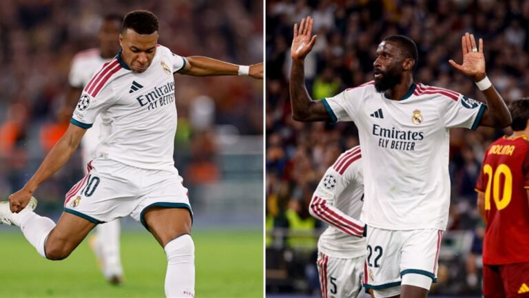 Champions: ¡Dramático! Real Madrid vence 4-3 a la Roma 37 Kylian Mbappé, a la izquierda, y Antonio Rüdiger, a la derecha, con el uniforme blanco del Real Madrid, durante el partido ante la Roma en la Champions League.